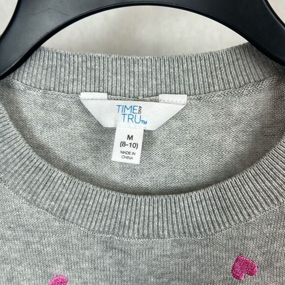 Time & Tru Womens Heart Sweater Sz Medium Gray Pink Embroidered Hearts Crew Neck - Picture 2 of 7